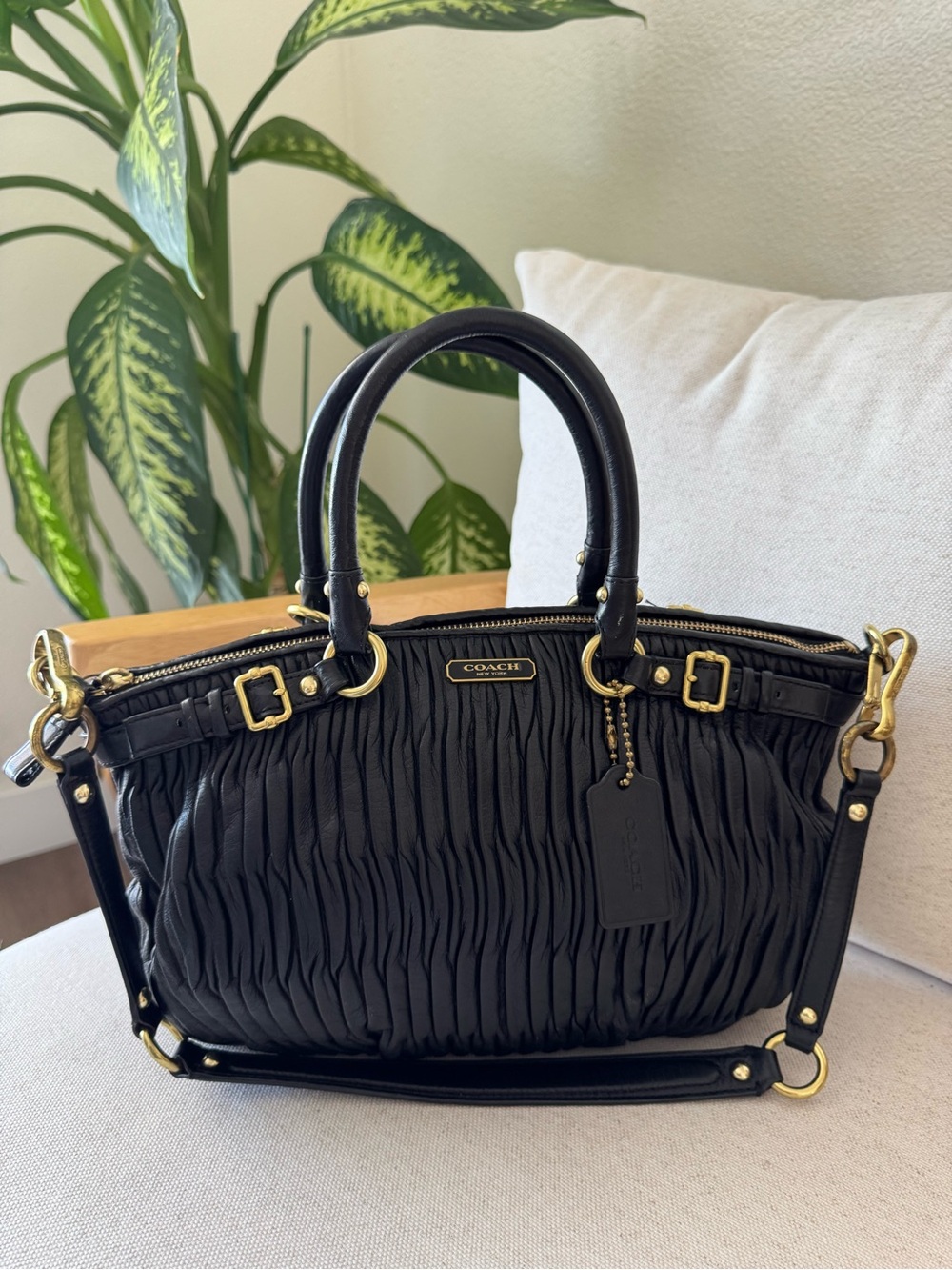 COACH Madison Gathered Sophia Black Leather Satchel Shoulder HandBag Purse